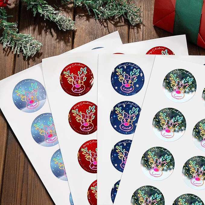 CALLIE Personalized Christmas Stickers with Custom Name, Waterproof Custom Christmas Name Tags Stickers, Peel and Stick Christmas Gift Tags (Cute Christmas Neon Reindeer)