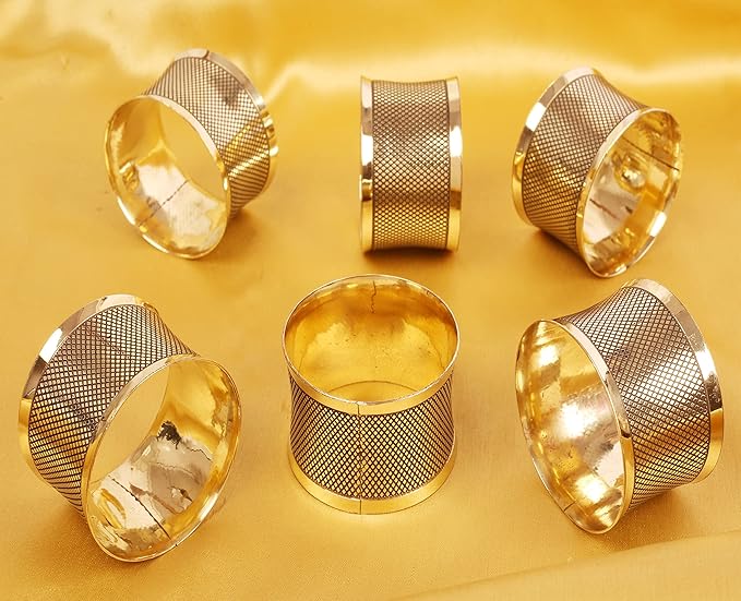 Brass Base Artistic Handcrafted Beautiful Round Shape Large Size Party Dining Table Napkin Holders in Antique Gold Tone. (Set of 6).