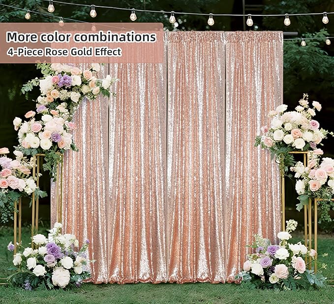 Juya Delight 2Pcs 2FTx8FT Rose Gold Sequin Backdrop Curtains Rose Gold Glitter Photo Backdrops for Party Birthday Wedding Decoration