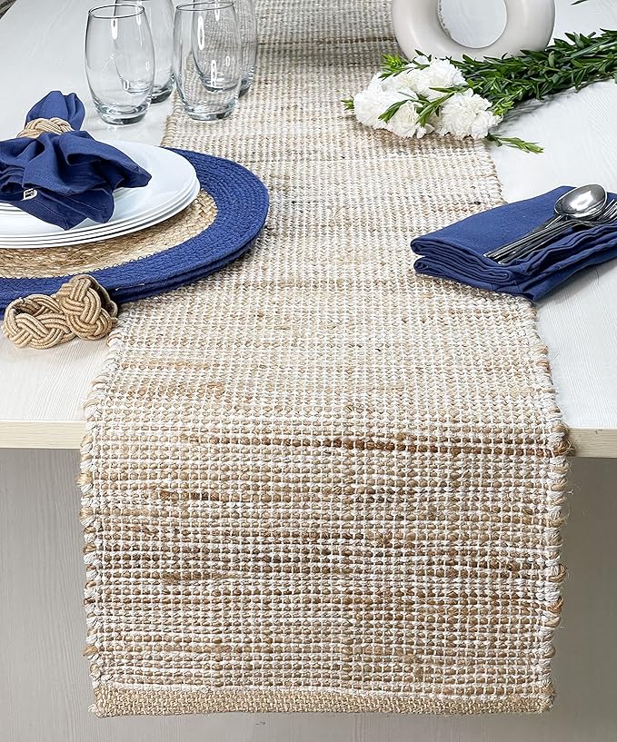 Chardin home Natural Jute Table Runner 13x72 Inch – Vintage Boho Rustic Table Decor – Handwoven Table Runner in Natural Jute and Ivory – Farmhouse Dining or Console Table Accent