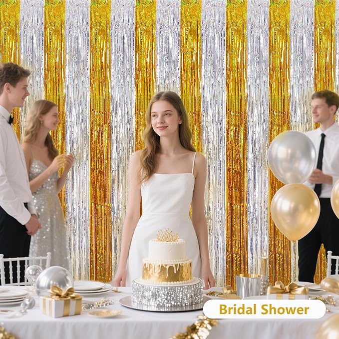 BEISHIDA Gold Silver Door Streamers Backdrop Foil Fringe Tinsel Party Streamers Curtains Photo Backdrop - 2Pcs for Birthday Graduation Bachelorette Party Decoations