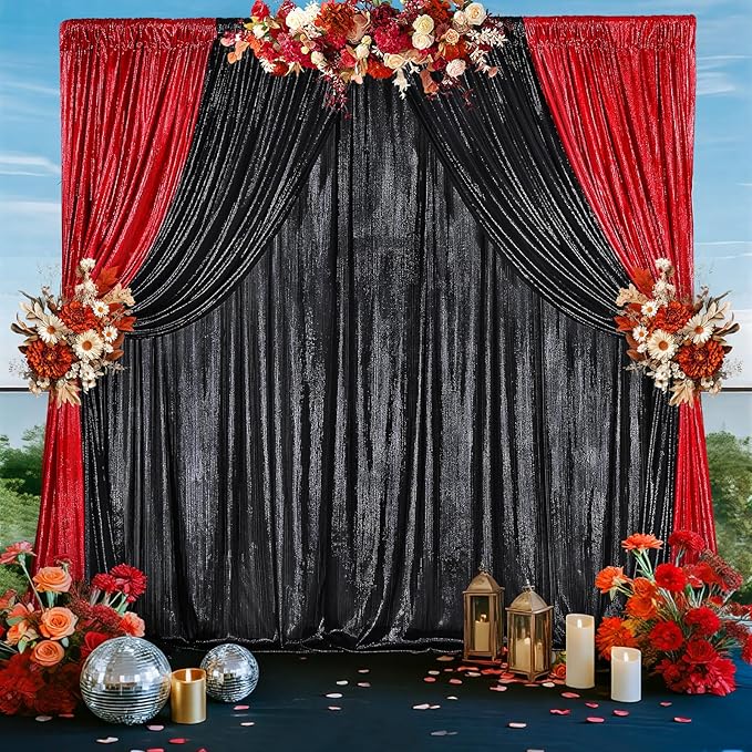 Black Backdrop for Parties 4 Panels 4.8x8FT Sequin Curtains Backdrop Drapes Giltter Photo Photography for Wedding Bridal Baby Shower Graduation
