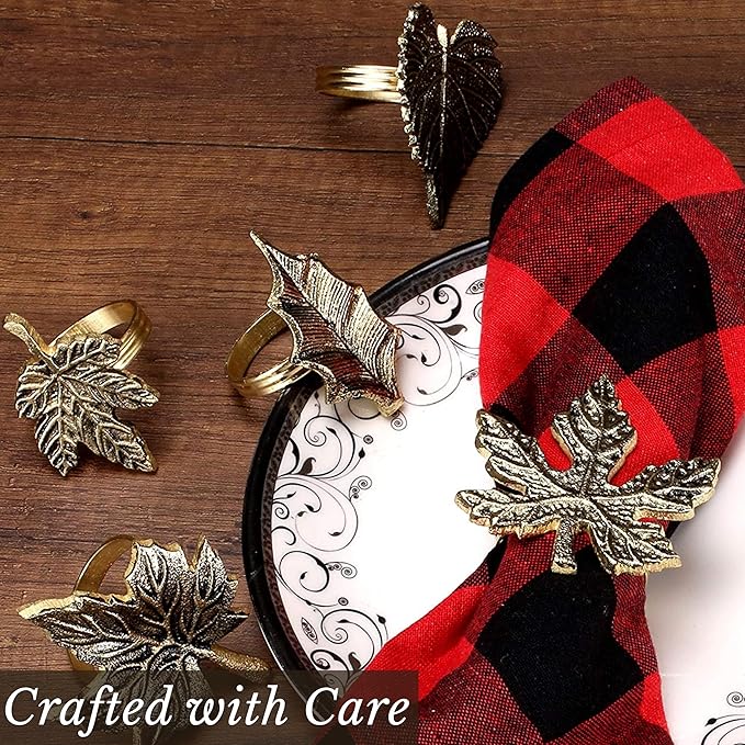 6-Piece Metal Napkin Rings - Antique Gold Harvest Leaf Napkin Rings - Decorative Table Accents for Holiday Party, Dinner, Family Gatherings, Table Décor Weddings & Everyday Use - ALPHA Living HOME