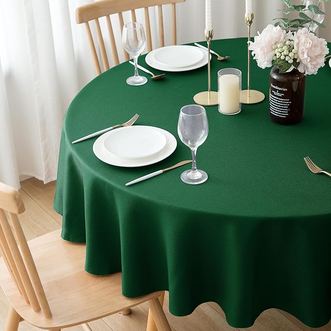 Biscaynebay 2 Pack Textured Fabric Round Tablecloths 60", Hunter Green Water Resistant Tableclothes Small Circle Folding Table Covers Linen for Dining, Kitchen, Wedding, Parties etc Machine Washable