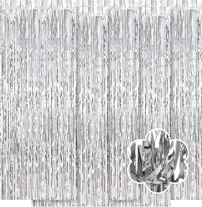 5 Pack Silver Foil Curtain Backdrop 3.2ft x 9.8ft Metallic Tinsel Foil Fringe Curtains Streamer Photo Booth Backdrop for Birthday Party Engagement Bachelorette Party Decorations (Silver)