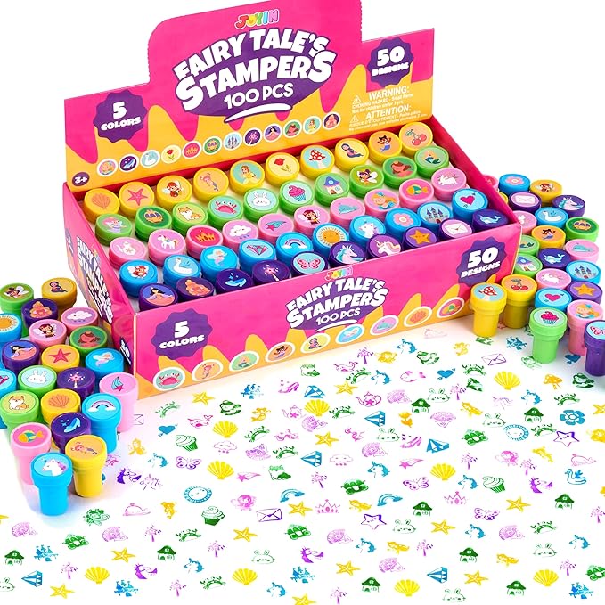 JOYIN 100PCS FairyTale's Stamps for Kids Self-Ink for Party Favor, Teacher Stamps, Kids Treasure Box, Prize for Classroom, Easter Egg Stuffers (50 Designs, Mermaid, Princess, Unicorn Stampers)