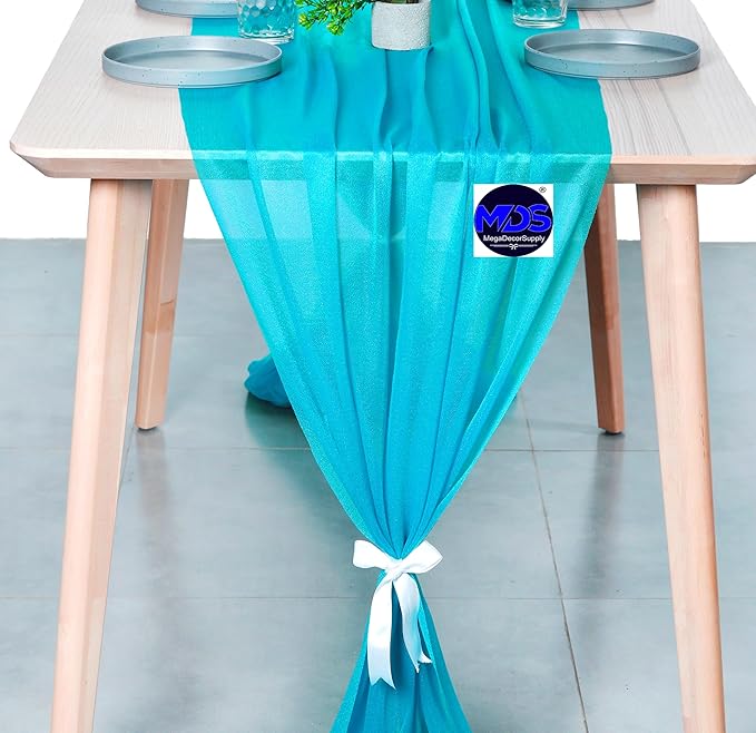 MDS 2 Pack 10ft Chiffon Table Runner 29 x 120 Inches Sheer Wedding Runner Romantic Rustic Table Runner for Wedding Decorations, Birthday Parties, Bridal Shower Party Arch Decor -Turquoise