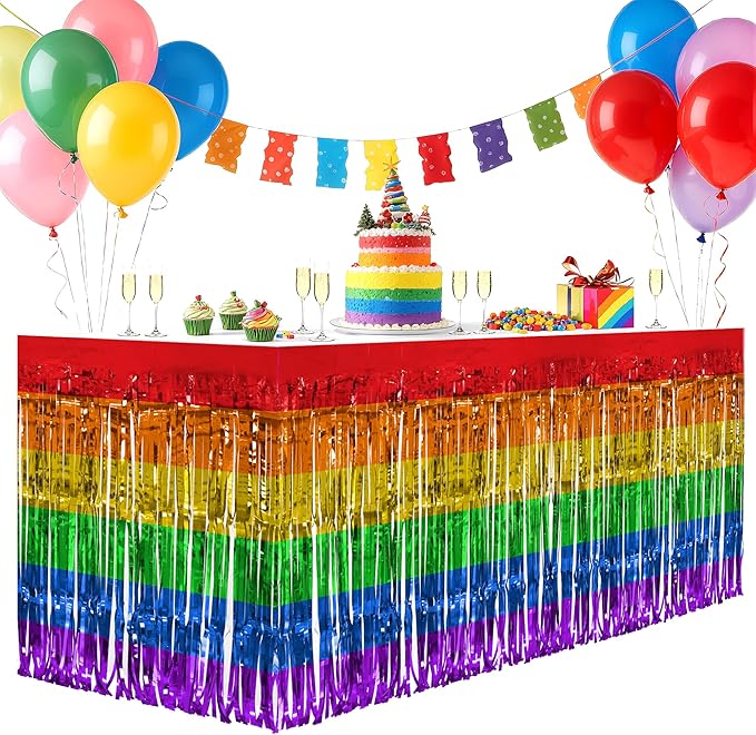 2 Pack Rainbow Table Skirts, 29x108" Metallic Foil Tinsel Fringe Table Skirts for Rectangle Tables Streamer Curtains Backdrop, Party Decorations for Birthdays Weddings Holidays