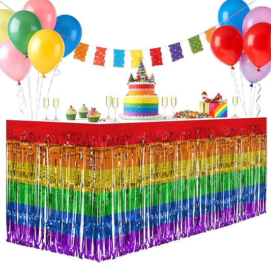2 Pack Rainbow Table Skirts, 29x108" Metallic Foil Tinsel Fringe Table Skirts for Rectangle Tables Streamer Curtains Backdrop, Party Decorations for Birthdays Weddings Holidays
