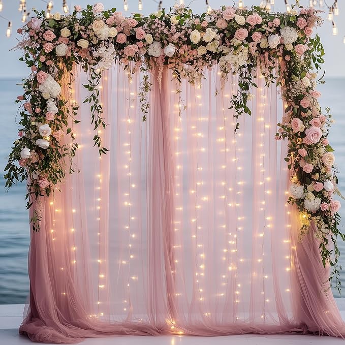 Fomcet Dusty Rose Tulle Backdrop Curtains with Lights String 10FT X 8FT Sheer Curtain with Lights Tulle Curtains Backdrop for Wedding Birthday Party Photo Shoot (2 Panels 5x8FT)
