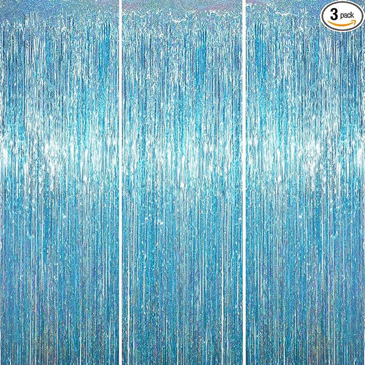 3 Pack 3.3 x 6.6 ft Light Blue Foil Fringe Backdrop Curtains, Tinsel Streamers Party Decorations, Fringe Backdrop for Birthday, Baby Shower, Gender Reveal, Graduation