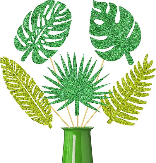 20pcs Glitter Tropical Leaves Centerpiece Decorations for Table Green Palm Leaf Theme Centerpiece Sticks Hawaiian Luau Birthday Decorations for Summer Jungle Theme Birthday Party Baby Shower Supplies