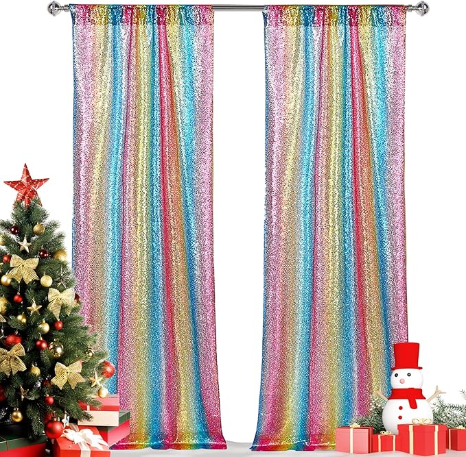 Hahuho Rainbow Sequin Backdrop Curtain, 2PCS 2FTx8FT Glitter Backdrop Curtain for Parties, Christmas, Wedding, Party Decoration（2 Panels, 2FT x 8FT, Rainbow