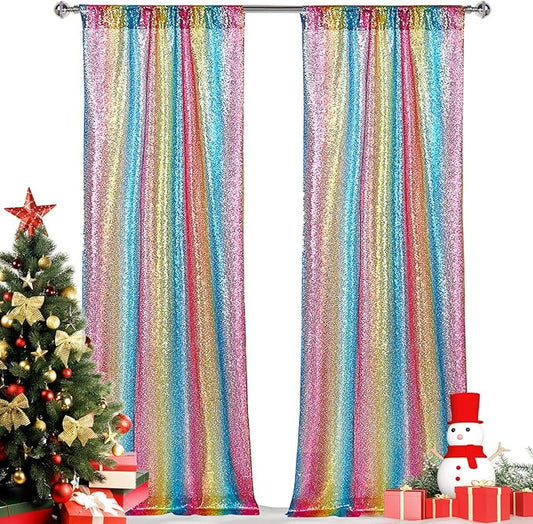 Hahuho Rainbow Sequin Backdrop Curtain, 2PCS 2FTx8FT Glitter Backdrop Curtain for Parties, Christmas, Wedding, Party Decoration（2 Panels, 2FT x 8FT, Rainbow