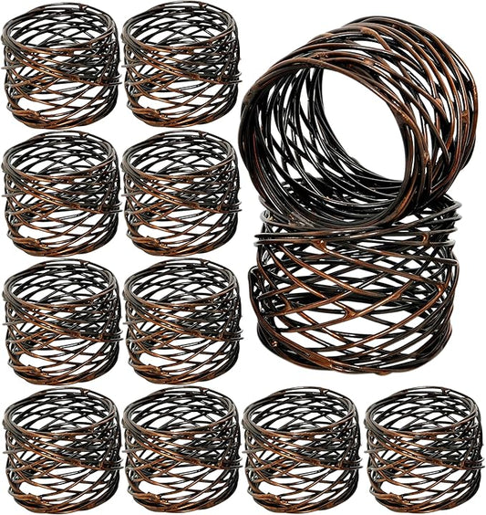 Twisted Wire Mesh Napkin Rings Holders Set of 12 - Heavy Duty Metal Napkin Rings for Décor, Dinner, Party, Wedding, Christmas, Gathering, Everyday Use, Gifting (Bronze) - CLEENTABLE