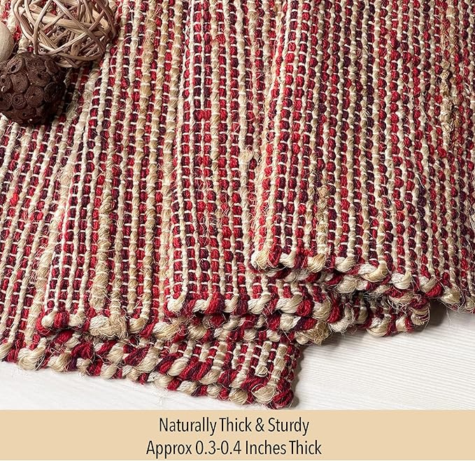 Chardin home Natural Jute Table Runner 13x90 Inch – Vintage Boho Rustic Table Decor – Handwoven Table Runner in Natural Jute and Red – Farmhouse Dining or Console Table Accent