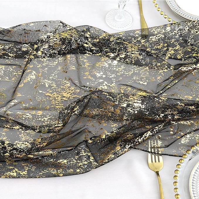 LOMOHOO 10 Ft Black Table Runner, Black Sheer Sequin Table Runners 120 Inches Long Glitter Metallic Foil Lace Fabric Table Decor for Birthday Party Wedding Anniversary Centerpiece (2pcs)