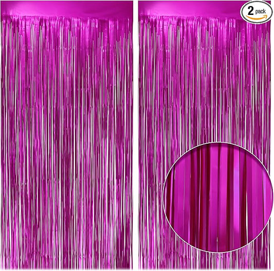 2 Pack Metallic Fuchsia Fringe Backdrop, 3.2x8.2ft Shining Foil Tinsel Curtains, Birthday Party Decorations Door Streamers for Halloween, Christmas, Wedding, Graduation, Holiday, Theme Events
