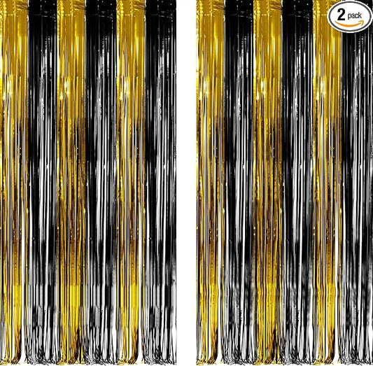 Black and Gold Party Streamers Decoration - GREATRIL Foil Fringe Backdrop for 2026 NYE/Anniversary/Farewell/Cocktail/Prom/EID/Birthdays - 3.2ft X 8.2ft - 2 Packs