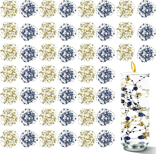 50 PCS Artificial Floating Beads for Centerpieces & Vase Fillers - Navy Blue&Gold 8+3mm String Beads, Faux Pearl Strings for Wedding, Party, Crafts, and Home Decoration