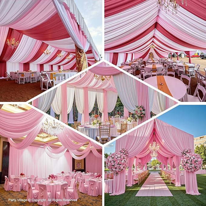 PartyVillage 2 Panels 5ftx30ft Baby Pink Ceiling Drapes for Wedding Parties – 30 FT Extra Long Thick Polyester Wrinkle-Free Drapery Tent Decor Decorations for Birthday Party Ceremony Stage Swag