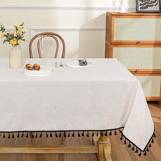 MYSKY HOME Table Cloth 60x60 in Rectangle Table, Heavy Duty Cotton Tassel Linen Look Waterproof Tablecloths Farmhouse Tablecloth, Wrinkle Free Table Cover with Beige Tassels for Kitchen Dining, Party