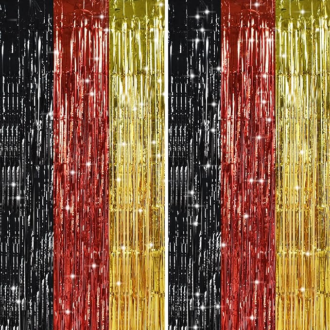 TONIFUL Black Red Gold Door Streamers,Black Red and Gold Photo Booth Backdrop Metallic Streamers Foil Fringe Curtain for Mouse Themed Birthday,New Year,Graduation,Baby Shower Party Decoration