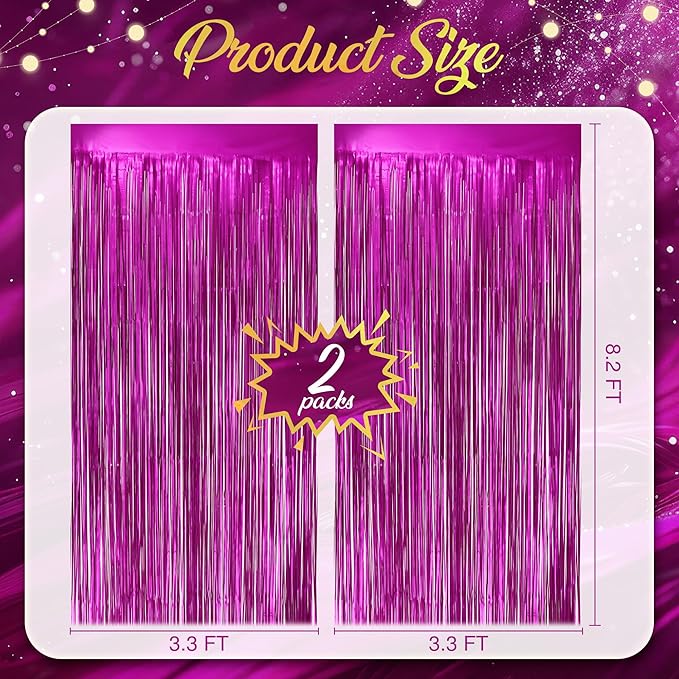 2 Pack Metallic Fuchsia Fringe Backdrop, 3.2x8.2ft Shining Foil Tinsel Curtains, Birthday Party Decorations Door Streamers for Halloween, Christmas, Wedding, Graduation, Holiday, Theme Events