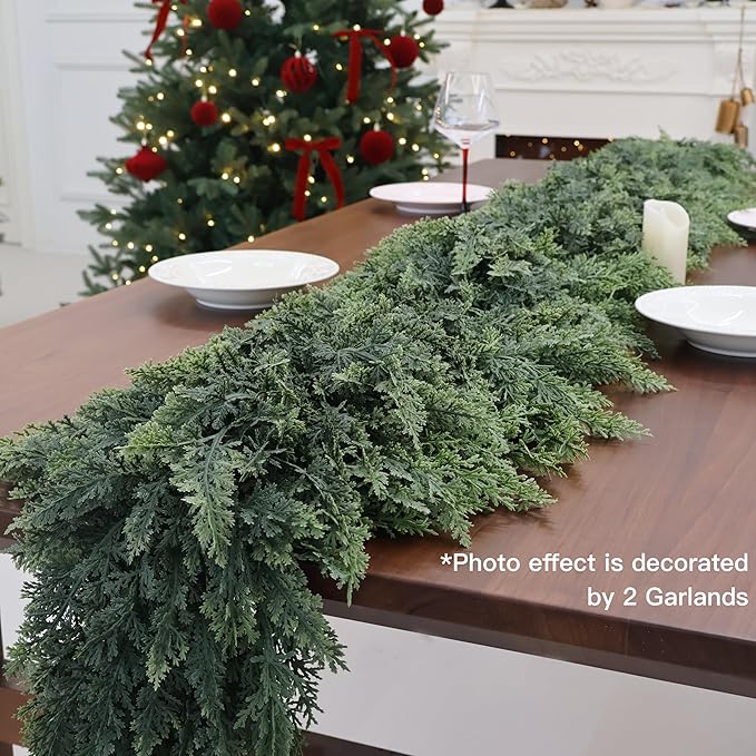 9FT 2PCS Artificial Cedar Garland for Christmas Decoration - Realistic Winter Greenery Garland for Mantel, Fireplace, Table, Door, Holiday Indoor Outdoor Decor