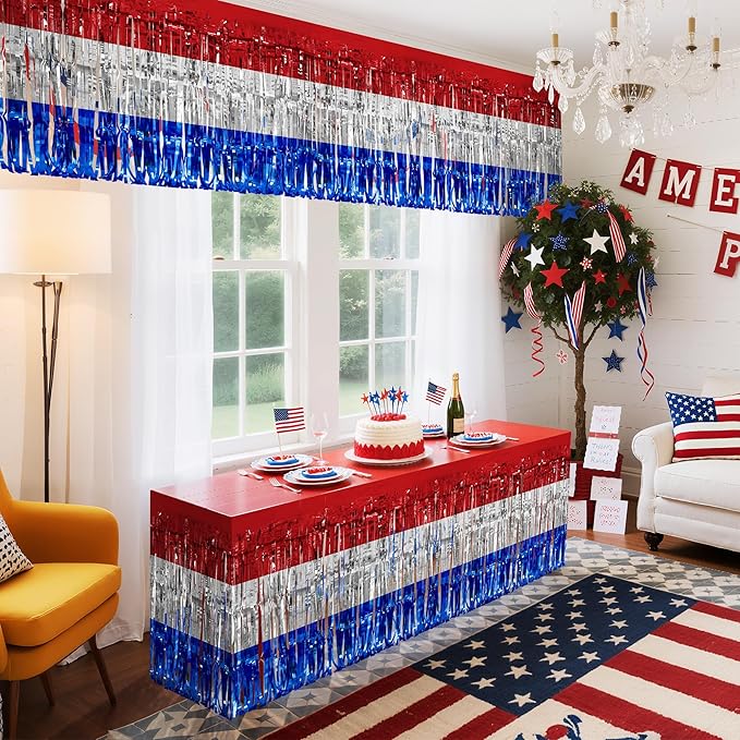 2 Pack Red&White&Blue Table Skirts, 29x108" Metallic Foil Tinsel Fringe Table Skirt for Rectangle Tables Streamer Curtains Backdrop, Party Decorations for Birthdays, Weddings, Holidays