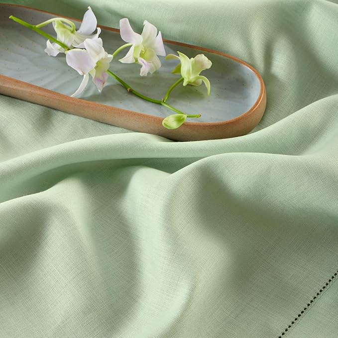 Solino Home Linen Light Green Hemstitch Table Runner 36 Inches - 100% Pure Linen Small Table Runner 14 x 36 Inch Ideal for Dresser and Coffee Tables - Classic Hemstitch
