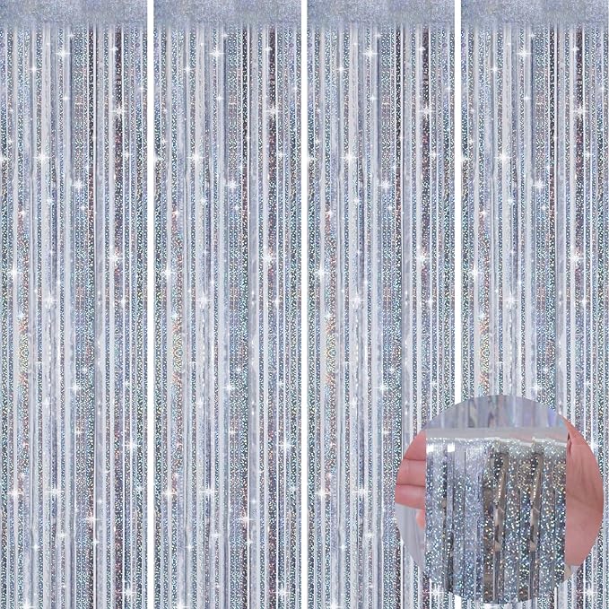 Picoway 4 Pack Foil Fringe Tinsel Backdrop Curtains, Birthday Engagement Bachelorette Party Decorations, Photo Booth Props Door Streamers Curtain (Silver)
