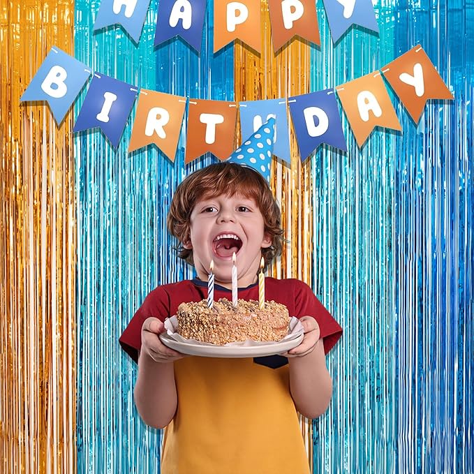 Orange Blue Party Streamers Backdrop - GREATRIL Tinsel Fringe Curtain for Blue Dogs Themed Birthdays Decoration 2 Packs