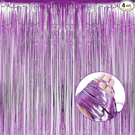 4 Pack Light Purple Foil Fringe Curtain Backdrop, 3.28Ft x 8.2Ft Metallic Tinsel Foil Fringe Streamers Curtains for Party,
