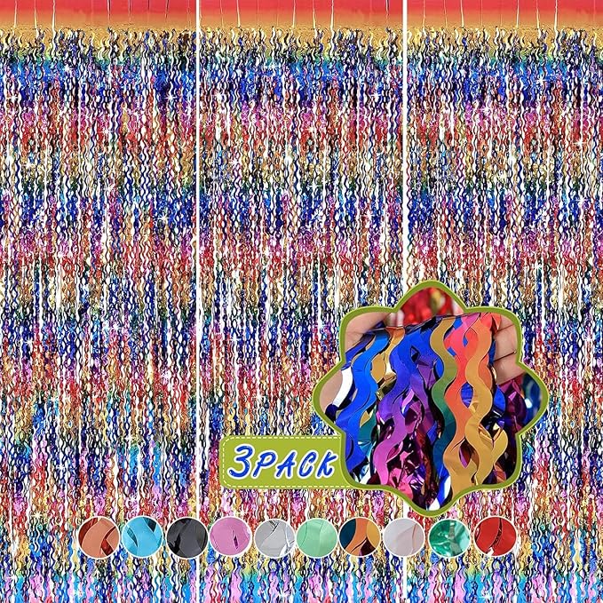 3 Pack Colorful Foil Fringe Curtain Backdrop - 6.6 x 3.3 ft Wavy Rainbow Tinsel Backdrop Curtain Metallic Streamers Iridescent Holiday Photo Booth Party Decorations