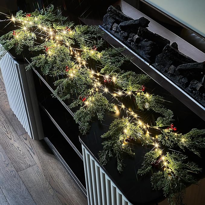 Birchlitland Christmas Garland with Lights Cadar Lighted Garland Battery Operated with Timer or USB Light 6FT 80 LED Fairy Lights, Faux Vine with Lights for Mantel Fireplace and Holiday Decor