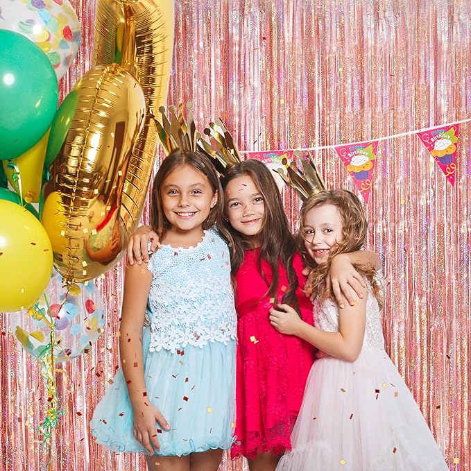 Rose Gold Metallic Tinsel Foil Fringe Curtains, 2 Pack 3.3x8.3 Feet Party Streamer for Birthday Party Decorations, Halloween Decor, Foil Curtain Backdrop for Bachelorette Party