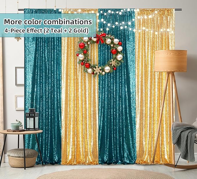 Juya Delight 2ft x 8ft x 2Pcs Teal Sequin Photography Backdrop Curtain for Wedding Party Decoration Festival Ceremony
