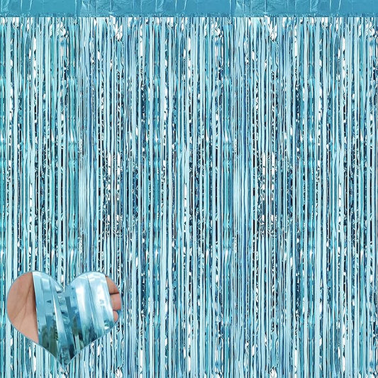 4 Pack Fringe Curtain Backdrop, 3.2Ft x 6.6Ft Light Blue Metallic Tinsel Foil Fringe Streamers Background for Photo Booth Birthday Wedding Baby Shower Easter Pool Ocean Underwater Party Decorations