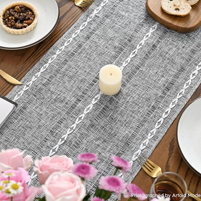 Artoid Mode Dark Grey Rustic Cotton Linen Table Runner, Seasonal Embroidered Hollow Kitchen Dining Table Decoration for Home Party Decor 13x60 Inch