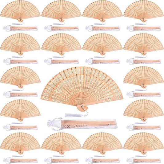 Qunclay 60Pcs Wooden Hand Fans Folding Wedding Fans for Guest Chinese Hollow Pattern with White Tassel and Gift Bag for Wedding Bridal Shower Birthday Party Favors Gift and Home Decor(Delicate Style)