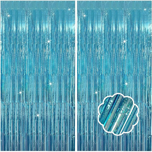 2 Pack Blue Streamers Party Decorations Tinsel Foil Fringe Curtains Photo Booth Celebration Birthday Decorations Ocean Party Decorations