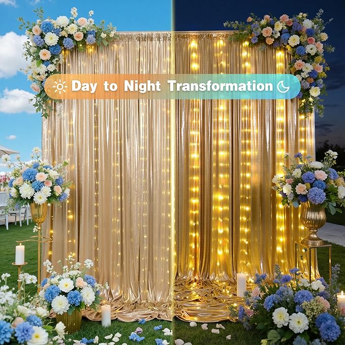 PartyVillage 10x10FT Champagne Gold Sequin Backdrop Curtain with String Lights – 2 Panels 5x10FT Sparkly Wrinkle-Free Glitter Backdrop Drapes for Wedding, Birthday, Photography, Graduation Party Décor