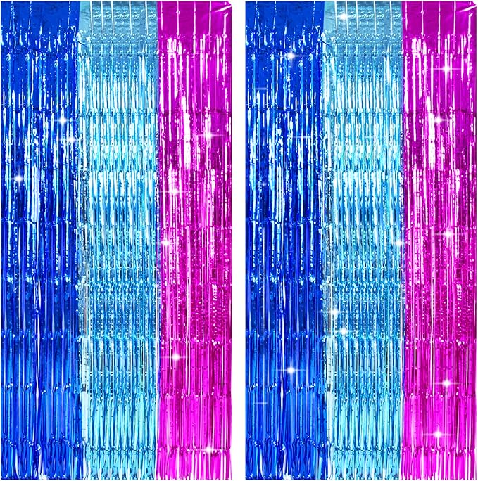 TONIFUL Blue Pink Door Streamers,Blue and Pink Photo Booth Backdrop Metallic Streamers Foil Fringe Curtain for Birthday,New Year,Graduation,Grad,Baby Shower Party Streamers Decoration
