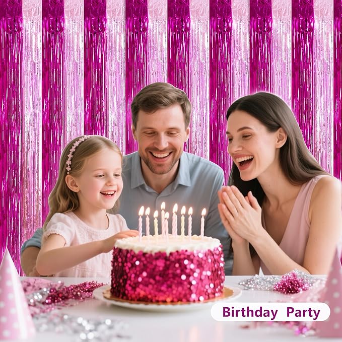 BEISHIDA Hot Pink Pink Door Streamers Backdrop Foil Fringe Tinsel Party Streamers Curtains Photo Backdrop -2Pcs for Girl Birthday Valentines Baby Shower Graduation Bachelorette Party Decoations