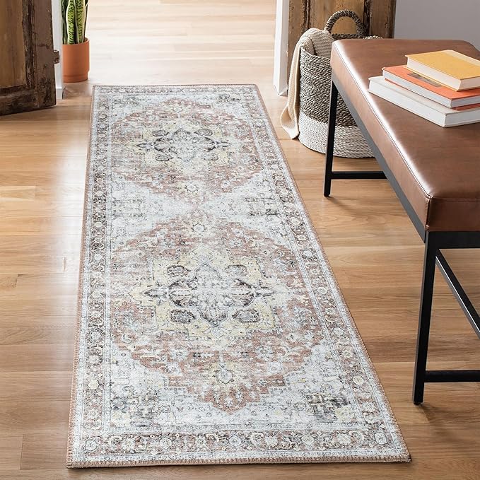 Bloom Rugs Washable Non-Slip 12 ft Runner - Blush/Beige Traditional Medallion Runner for Entryway, Hallway, Bathroom, and Kitchen - Exact Size: 2.5' x 12'