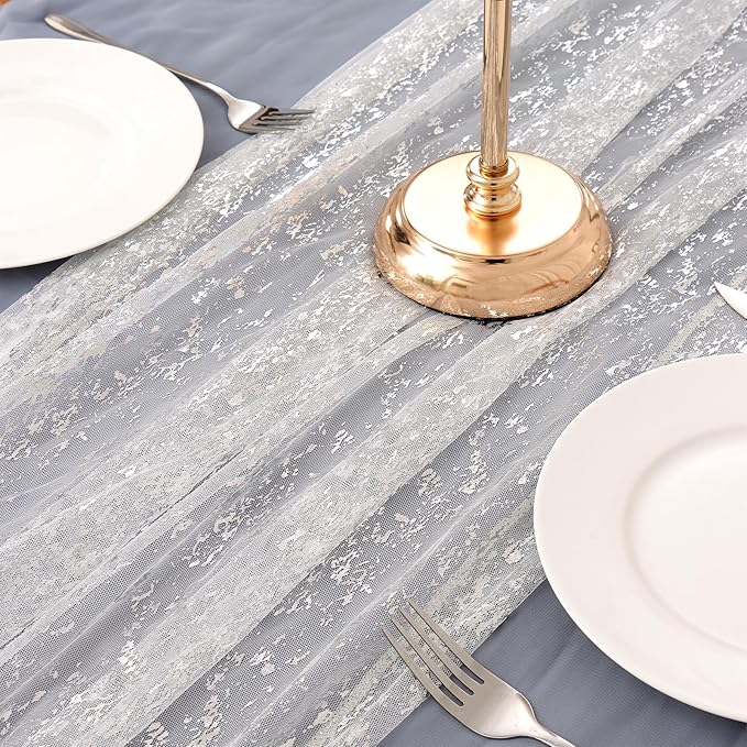 LOMOHOO 10 Ft Silver Table Runner, Silver Sheer Sequin Table Runners 120 Inches Long Glitter Metallic Foil Lace Fabric Table Decor for Birthday Party Wedding Anniversary Centerpiece (3pcs)
