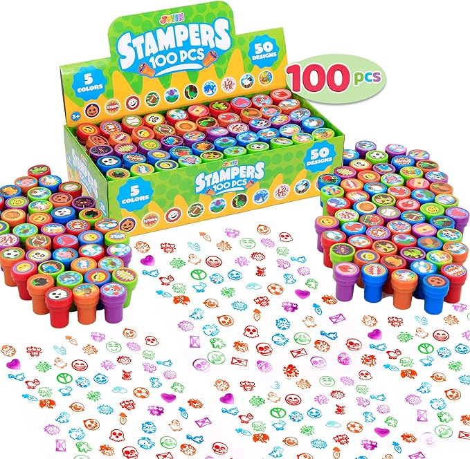 JOYIN 100 Pcs Assorted Stamps for Kids Self-Ink Stamps (50 Different Designs, Dinosaur, Zoo Safari Stampers) for Party Favor, Carnival Prizes, School, Easter Egg Stuffers, Halloween, Christmas