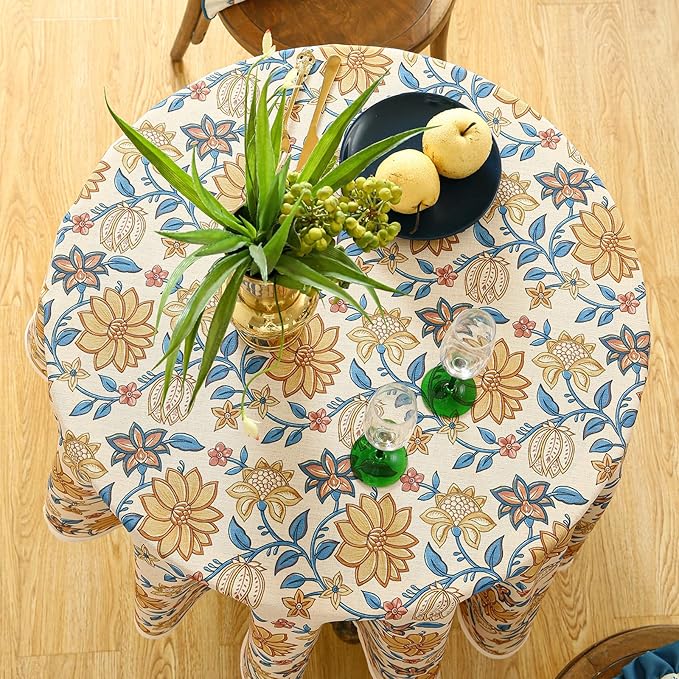 ISAENNE Designer Bohemian Floral Small Round Tablecloth,Linen Colorful Table Cloth,Wrinkle Resistant Decor Tablecloths for Dining Thanksgiving Kitchen Party Christmas,Diameter 55"-Estevan B