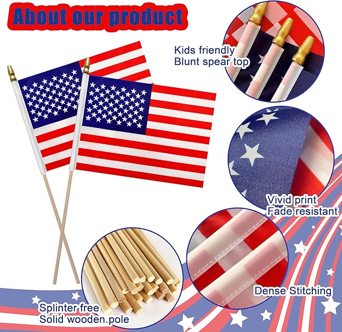 12Pcs 8×12 Inch Small American Flags on Stick Mini USA Flags US Handheld Flag for Outside,Veterans Day Memorial Day 4th of July Independence Day Decorations